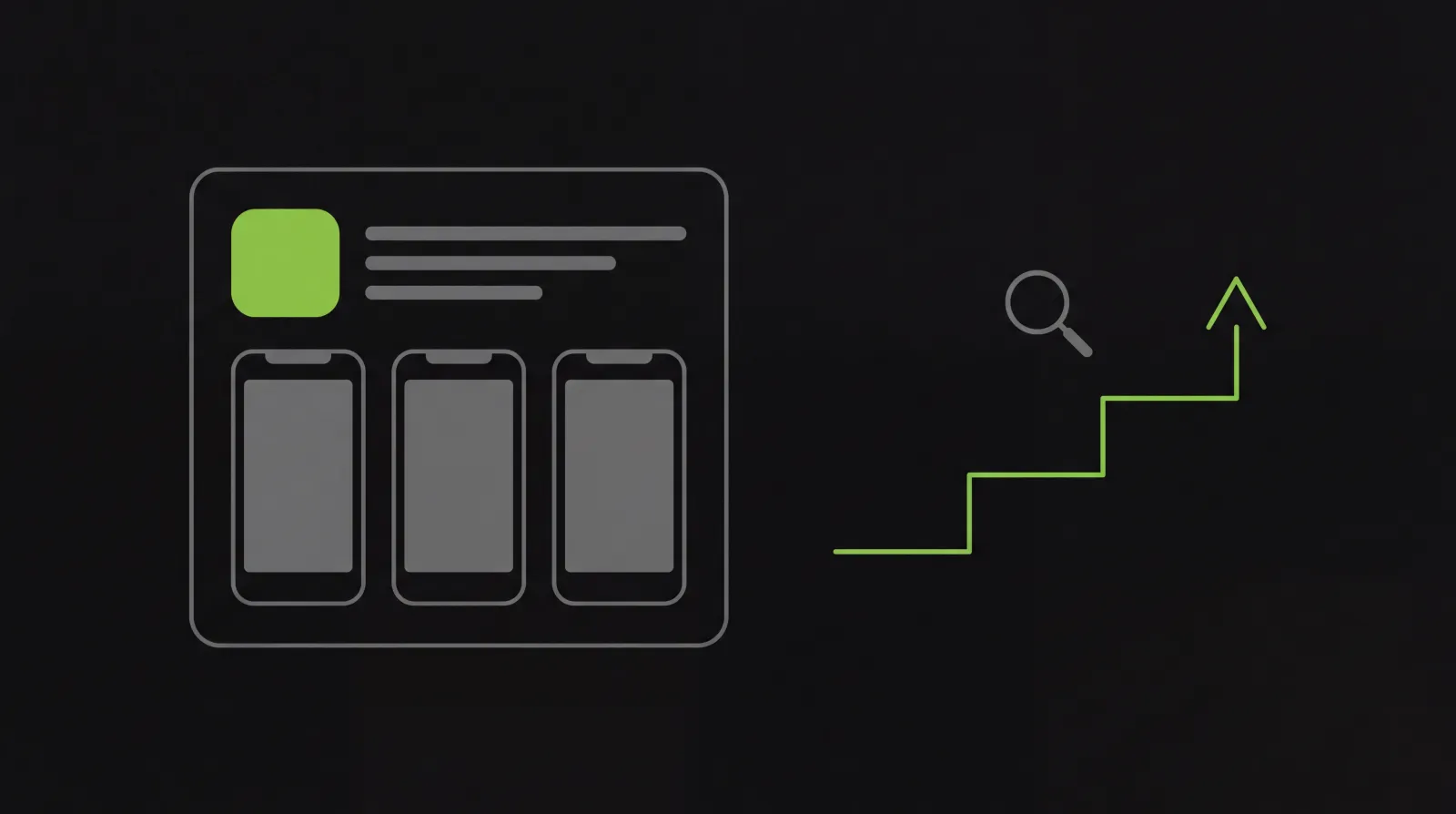 Diagram: an App Store listing with a green icon and three screenshots beside a rising rank line.
